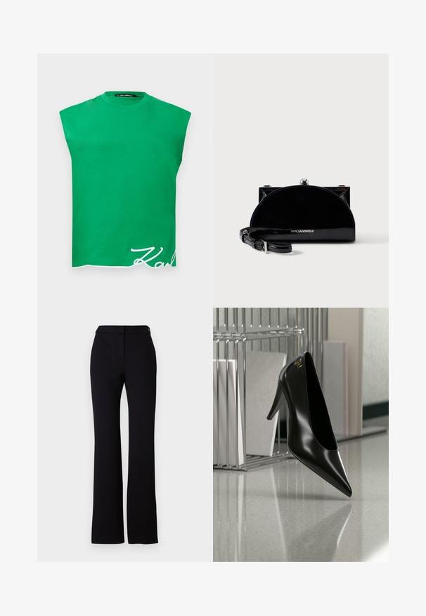 Grünes ärmelloses Top mit gepolsterten Schultern und weißem, kursiv geschriebenem "Karl"-Schriftzug nahe dem unteren Saum vor weißem Hintergrund.; Schwarze Hose mit geradem Schnitt, glatter Textur und einem Bund mit einem einzelnen Knopfverschluss. Keine sichtbaren Muster oder Akzente.; Schwarzer High-Heel-Schuh mit spitzer Zehe und goldem Logo, auf einer reflektierenden Oberfläche nahe einem verchromten Draht-Organizer mit Dokumenten positioniert.; Schwarze, glänzende Halbmondförmige Clutch mit silbernem Rahmenverschluss und verstellbarem Riemen, vorne mit Karl Lagerfeld Logo.