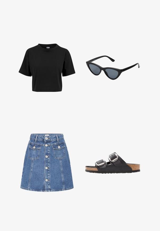 T-shirt noir court en coton, avec un col rond et des manches courtes, présentant une texture lisse et unie sans graphiques visibles.; Jupe trapèze en denim bleu avec boutons sur le devant et deux poches à rabat boutonnées près de la ceinture.; Sandale noire avec deux sangles ajustables, boucles en argent, et une semelle en liège sur une semelle en caoutchouc noir texturé.; Lunettes de soleil noires en forme d'œil de chat avec des verres gris foncé, monture en plastique élégante, coins pointus et branches droites. Pas de métal visible ni d'accents.