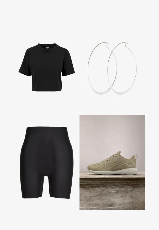Sort cropped T-shirt lavet af bomuld, med rund halsudskæring og korte ærmer, med en ensfarvet, glat tekstur og uden synlige grafik.; Højhalsede sorte shapewear-shorts lavet af strækbart stof, med en glat tekstur og et udskæringsområde ved skridtet for nemheds skyld.; Beige atletisk sko med tekstureret overdækning, snørebånd og støttende hælkappe, hviler på en træoverflade, sat mod grønne planter.; Sølv hoops øreringe med et tyndt, glat design; langstrakt oval form; poleret finish; har en sikker krog lukning.