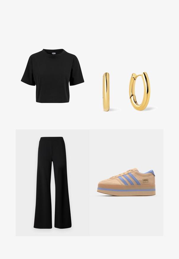 Sort cropped T-shirt lavet af bomuld, med rund halsudskæring og korte ærmer, med en ensfarvet, glat tekstur og uden synlige grafik.; Sorte vide bukser lavet af blød, strækbar stof. Har en glat, elastisk talje og et enkelt, udekoreret design.; Beige ruskinds sneakers med lysblå striber, platform sål og blå detaljer på hælen. Har snørebåndslukning og branding på siden.; Guld hoop øreringe med en glat, poleret overflade, der har en hængslet lukning og et rundet, aflangt design.