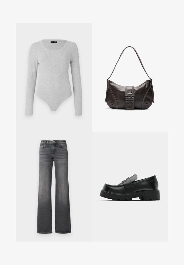 Langärmliger Bodysuit aus hellgrauem Rippmaterial, mit einem Rundhalsausschnitt und einer taillierten Silhouette sowie einem Tanga-Style-Boden.; Gerade geschnittene, dunkelgraue Jeans aus Denim mit leichter Verblassung an den Oberschenkeln und klassischem Fünf-Taschen-Design vor weißem Hintergrund.; Schwarze Leder-Loafers mit einer chunky strukturierten Sohle, ausgestattet mit einem Riemen über dem Spann und einer glatten, polierten Oberfläche.; Braune Lederumhängetasche mit gebogener Form, die mit einem auffälligen Schnallendetail, kontrastierenden Nähten und einem einzigen Schulterriemen ausgestattet ist.