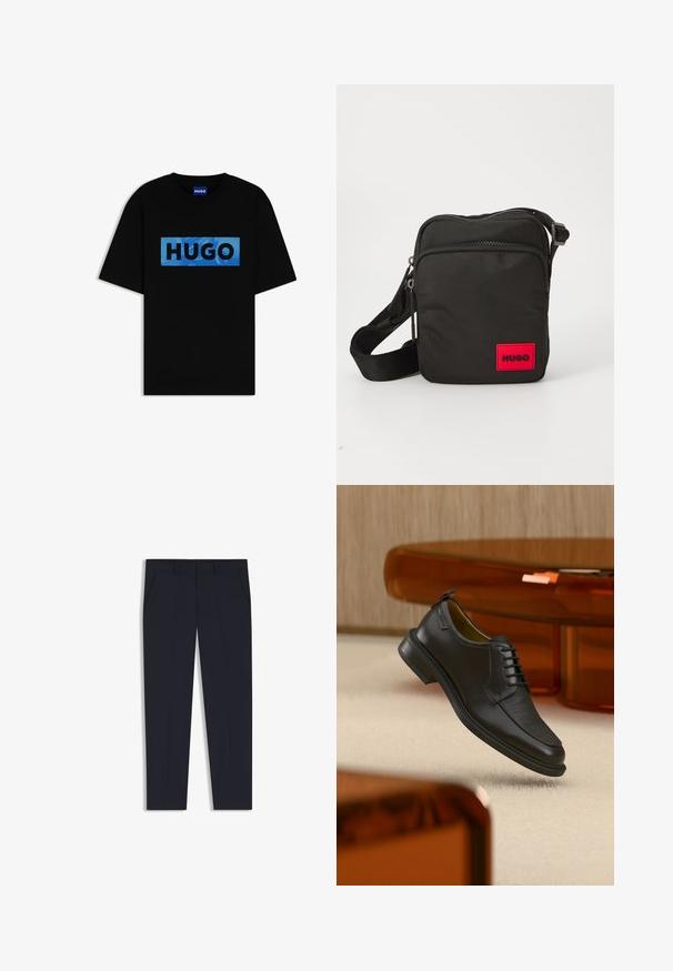 Camiseta negra de manga corta con un logotipo rectangular azul que presenta la palabra "HUGO" en letras negras en negrita centradas en el pecho.; Pantalones azul marino con un corte ajustado, que cuentan con dos bolsillos frontales, un diseño plano en la parte delantera y una textura suave. Sin patrones ni adornos visibles.; Zapato de vestir negro de piel con cordones y parte delantera texturizada, flotando sobre una alfombra beige en una habitación moderna con muebles de tono ámbar.; Bolso cruzado de nylon negro con un parche rectangular rojo, compartimentos con cremallera, correa ajustable y una superficie texturizada.