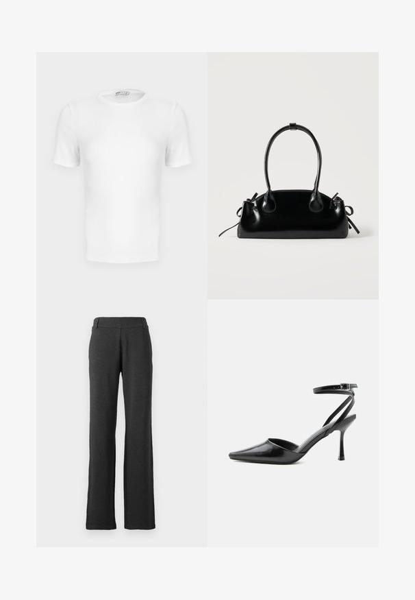 Camiseta blanca de manga corta con cuello redondo acanalado, corte ajustado y una pequeña etiqueta de la marca en el interior del cuello.; Pantalones rectos de color gris oscuro, hechos de una tela suave. Presentan una cinturilla lisa y sin patrones ni acentos visibles.; Zapato de tacón alto negro de punta fina con delgadas correas en el tobillo y cierre de hebilla plateada sobre un fondo liso claro.; Pequeño bolso negro brillante con dos asas largas y detalles de cordón lateral sobre un fondo claro liso.