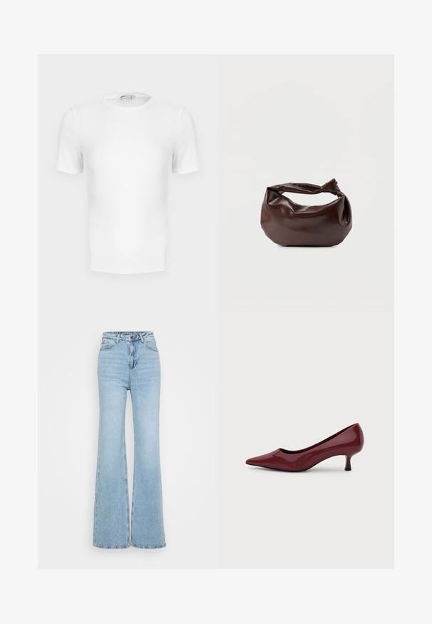 White short-sleeve ribbed crew-neck T-shirt with a fitted cut and a small brand label inside the collar.; Light blue flared jeans made of denim, featuring a high waist, five-pocket design, and a raw hem at the bottom. Texture is slightly worn.; Shiny dark red patent leather women's pointed-toe pump with a low kitten heel on a plain white background.; Dark brown leather shoulder bag with a soft, slouchy shape and a twisted knot handle on a plain white background.