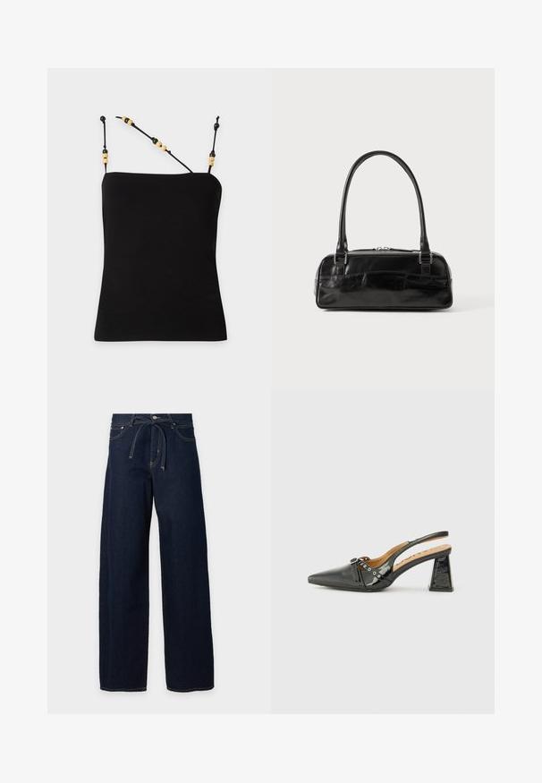 Schwarzes ärmelloses Top mit dünnen Trägern, verziert mit abwechselnd schwarzen und beigen Perlen auf einfarbigem Hintergrund.; Dunkelblaue Jeans mit weitem Bein, Frontknopf, Gürtelschlaufen, Vordertaschen und passendem Denim-Gürtel.; Schwarzer Lacklederslingback-Schuh mit spitzem Zeh, dreieckigem Absatz und dekorativem Riemen mit silbernen Akzenten. Glatte Textur.; Schwarze Lederhandtasche in rechteckiger Form, mit einem stabilen Griff, silbernem Zubehör und Reißverschluss. Glatte Textur.