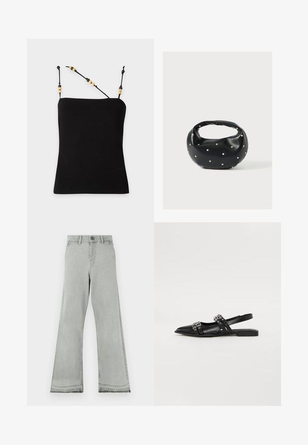 Top noir sans manches avec fines bretelles décoré de perles alternées noires et beiges sur fond uni.; Jean évasé gris clair en denim, doté d'une fermeture par bouton, d'une ceinture droite et d'une texture légèrement usée aux ourlets.; Even&Odd by Zalando Ballerines à brides arrière - black; Sac à main en cuir noir de forme arrondie, décoré de clous argentés et équipé d'une poignée courte. Texture lisse et fermeture éclair.
