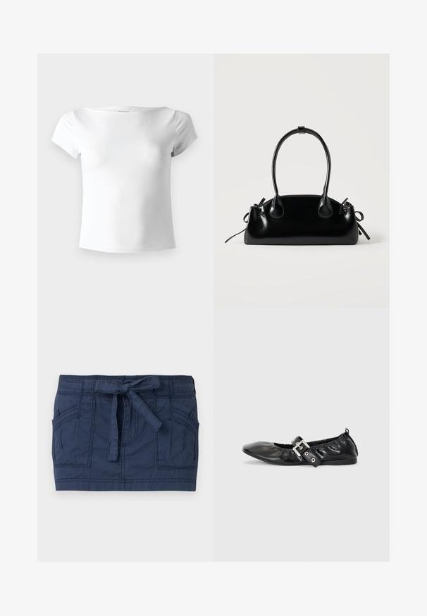 T-shirt blanc uni, cintré, à manches courtes, avec un large décolleté, présenté sur un fond gris clair.; Mini-jupe bleu marine avec grandes poches avant et ceinture en tissu nouée à la taille, en coton texturé.; Chaussure plate en cuir noir avec un nez pointu, des détails froncés autour de l'ouverture et un accent en boucle argentée sur la bride ajustable.; Petit sac à main noir brillant avec deux longues anses et des détails à cordon sur les côtés sur un fond clair uni.