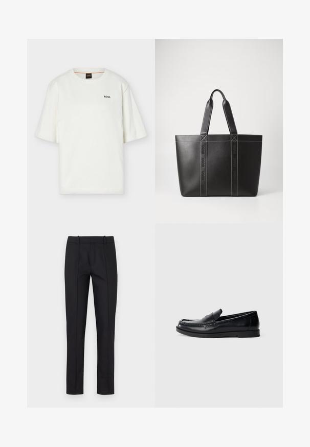 Camiseta blanca de manga corta con cuello redondo y pequeño logo negro "BOSS" en el lado izquierdo del pecho, además de etiqueta negra en el interior del cuello.; Pantalones negros ajustados con corte slim, parte delantera plana y dos bolsillos traseros. Confeccionados con un tejido suave y un detalle de costura sutil a lo largo de las costuras.; Mocasines de cuero negro con un diseño de acento cosido, punta redonda, suela de goma plana y un acabado suave. Silueta clásica y versátil.; Bolso tote de piel negra con dos asas robustas, que presenta una marca en relieve y costuras en blanco contrastantes a lo largo de las costuras.