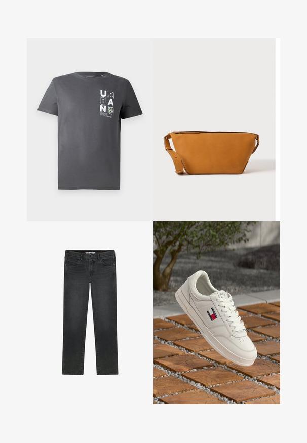 TOM TAILOR DENIM T-shirts print - ash grey; Sorte Wrangler jeans med lige ben, forreste knap, lynlås, bæltestropper og design med fem lommer på hvid baggrund.; Hvid lædersneaker med flad sål, der har en lille logo i rød, hvid og blå. Enkel design med rund tå og snørebånd foran.; Lys brun læder crossbody taske med justerbar rem og lynlås, vist mod en ensartet lys baggrund.