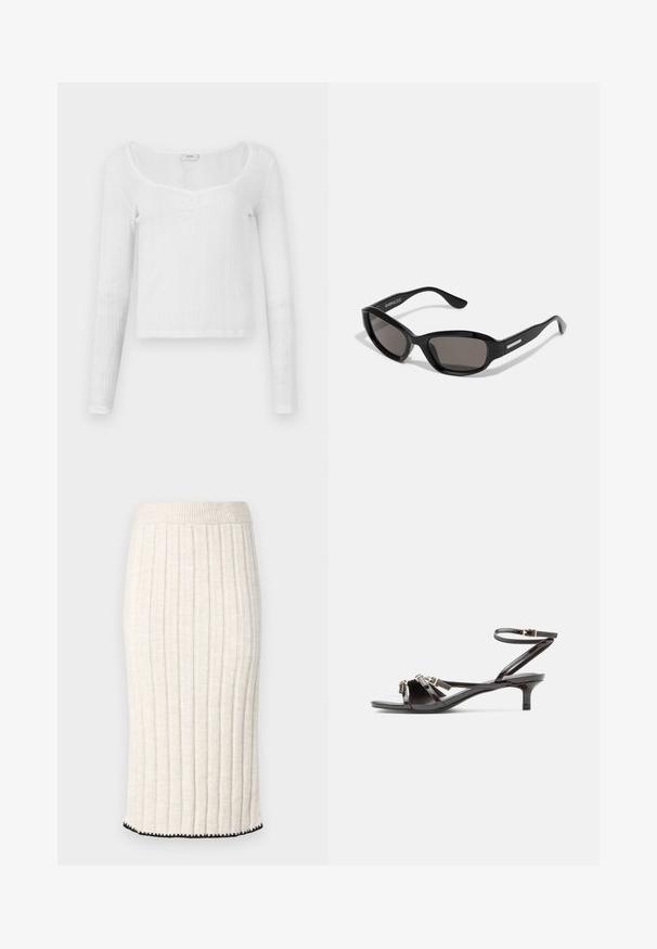 Top blanco de manga larga con un diseño ajustado, patrón de rayas texturizadas, escote redondeado y tres botones en el centro.; Falda midi de punto en color blanco roto, con acanalado vertical, cintura ajustada y dobladillo ondulado negro. Textura suave con caída ligera.; Sandalia de charol negro con tiras delgadas, tacón pequeño tipo gatito y cierre ajustable con hebilla en el tobillo.; Gafas de sol negras con montura rectangular, lentes oscuros, material de plástico suave y un acento metálico en la patilla.