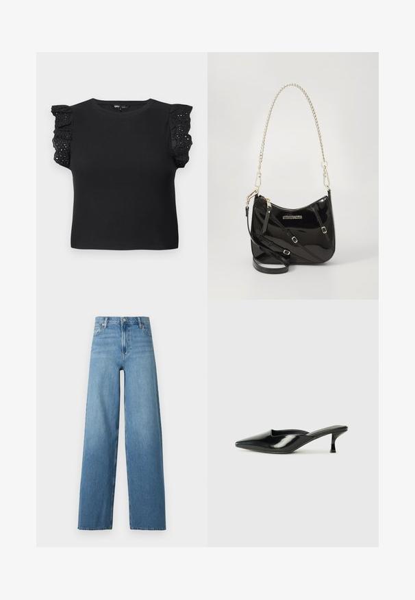 Schwarzes, geripptes Kurzarmoberteil mit rundem Ausschnitt und verspielten Rüschen aus Lochspitze an den Ärmeln.; High-Waist-Jeans aus blauem Denim mit weitem Bein, vorne mit Knopf- und Reißverschluss und klassischem Fünf-Taschen-Design.; Schwarze Lackleder-Mules mit spitzem Zeh, niedrigem Kitten-Heel und geschwungenen Seiten, die ein glänzendes Finish und ein minimalistisches Design aufweisen.; Schwarze Lackleder-Umhängetasche mit geschwungener Form, silberner Kettenriemen, goldfarbenen Beschlägen und verstellbarem Schulterriemen.