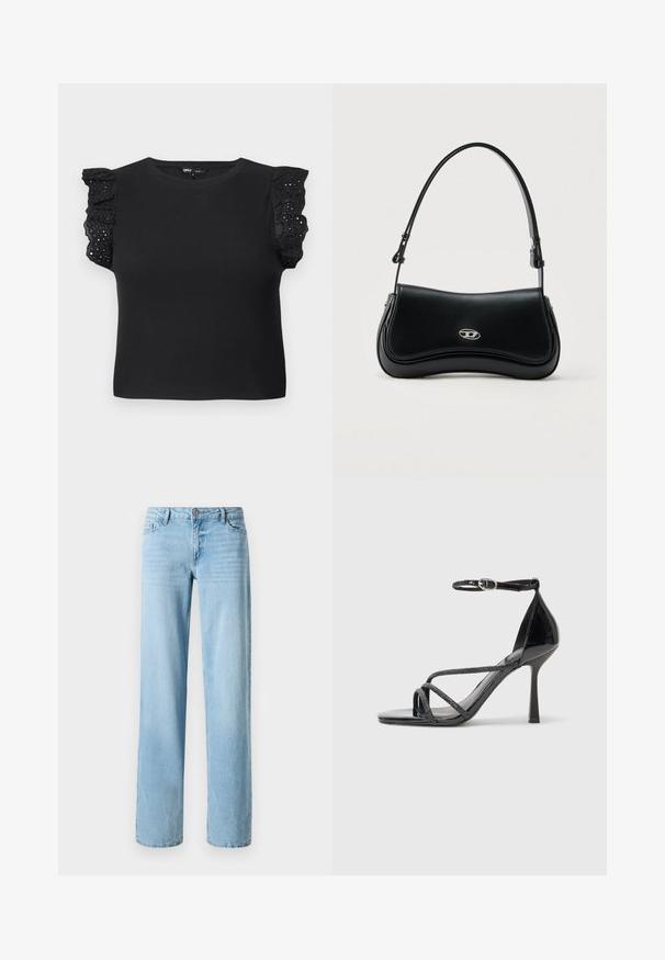 Sort ribbet kortærmet top med rund halsudskæring og flæset blonder med hulmønster på ærmerne.; Lysblå denimjeans, lige ben-design, med fem lommer og en frontlukning med knap. Glat tekstur med subtil falming.; Sorte laklæder højhælede sandal med ankelrem, der har krydskrydsede stropper og en slank spids tå.; Sort læderhåndtaske med buet klap og sølv oval logo, med en justerbar skulderrem, mod en ensartet lys baggrund.