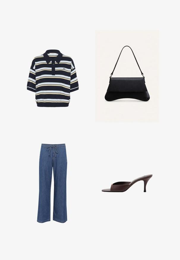 Marineblå poloshirt med horisontale striber i lyseblå og beige. Strikket materiale, korte ærmer og tre-knaps åbning med logo.; Denim bukser med bred ben og snoreliv, i en mellemblå farve, lige pasform og diskrete sømdetaljer.; Mørkebrun mule med åben tå, lav buet hæl og bred rem foran.; Sort læderhåndtaske med en buet bund, klaplukning og en enkelt tynd skulderrem mod en ensartet lys baggrund.