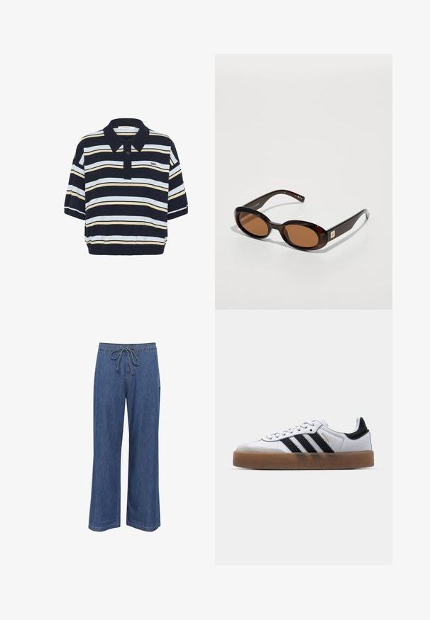 Marineblauw poloshirt met horizontale strepen in lichtblauw en beige. Gebreide stof, korte mouwen en een drieknopenhals met logo.; Denim wijde pijpen broek met een trekkoord in de taille, in een middelblauwe kleur, rechte snit en subtiele stikseldetails.; Witte leren sneakers met zwarte strepen, gumrubberen buitenzool, ronde neus, vetersluiting en een zachte grijze suède neuskap.; Bruine schildpadzonnebril met ovale lenzen, met een dunne montuur en een kleine metalen accent aan de zijkant. Geverfd en gepolijst afwerking.