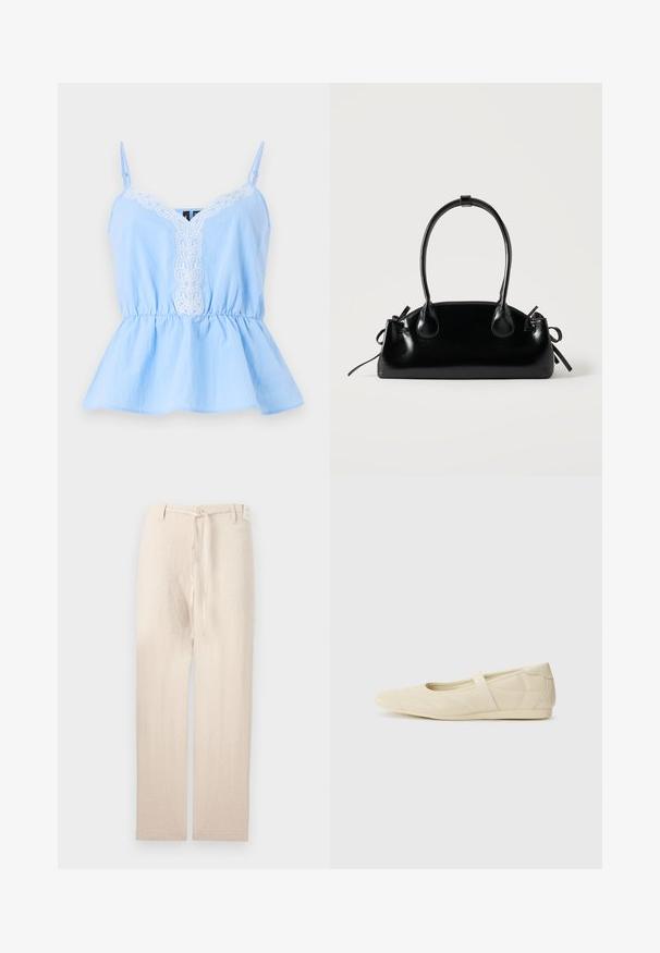 Top sin mangas de color azul claro con escote en V, que presenta un bordado blanco en la parte frontal y una cintura elástica para una silueta acampanada.; Pantalones de lino beige con un diseño de pierna recta, que presentan un cierre de botón y una corbata de tela en la cintura, ofreciendo una apariencia ligera y texturizada.; Bailarinas beige con un exterior de cuero liso, punta en forma de almendra y una correa elástica en el empeine, con detalles de costura sutiles.; Pequeño bolso negro brillante con dos asas largas y detalles de cordón lateral sobre un fondo claro liso.