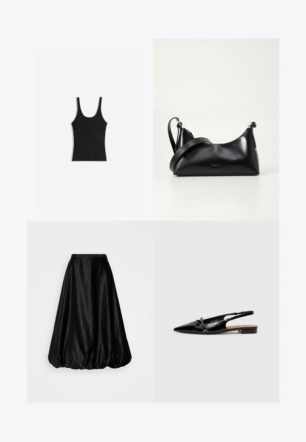 Sort ærmeløs tanktop med rund halsudskæring, vist fladt på en lysegrå baggrund.; Sort satin midi-nederdel med en voluminøs, ballonform. Glat tekstur og en tætsiddende talje, designet til en svævende silhuet.; Sorte patenterede læderslipsko med spids tå, minimalistisk design, lille hæl og sølvfarvet spænde på remmen.; Sort læderhåndtaske med en glat tekstur. Har en justerbar stropp og et enkelt, minimalistisk design med lynlås.