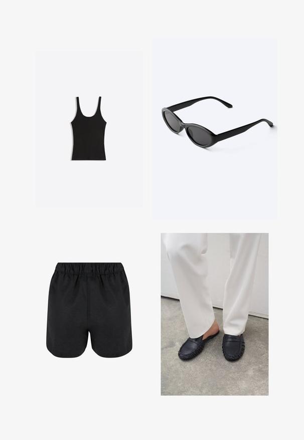 Débardeur noir sans manches avec encolure arrondie, présenté à plat sur un fond gris clair.; Shorts noirs avec une taille élastique. Tissu doux, design simple et ourlet légèrement arrondi en bas. Pas de motifs ou de logos visibles.; Personne portant un pantalon blanc et des mocassins en cuir noirs sans lacets, debout sur un sol en béton.; Lunettes de soleil ovales noires et élégantes avec des verres foncés et des branches droites, posées sur une surface blanche.