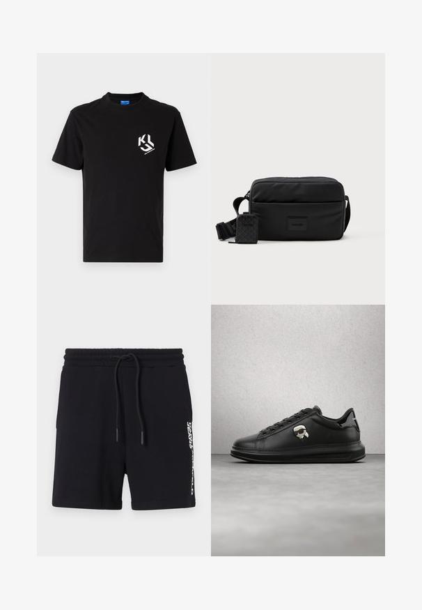 Black cotton t-shirt featuring a white graphic on the left chest area. Crew neck, short sleeves, and a classic cut design.; Black cotton shorts with a drawstring waistband, featuring a white logo print on the side and a smooth texture. Classic design.; Person wearing black leather pants and black sneakers with a small cartoon character accessory on the side, standing on wooden floor.; Black crossbody bag made of smooth nylon with a rectangular shape, featuring a detachable small pouch and an adjustable strap.
