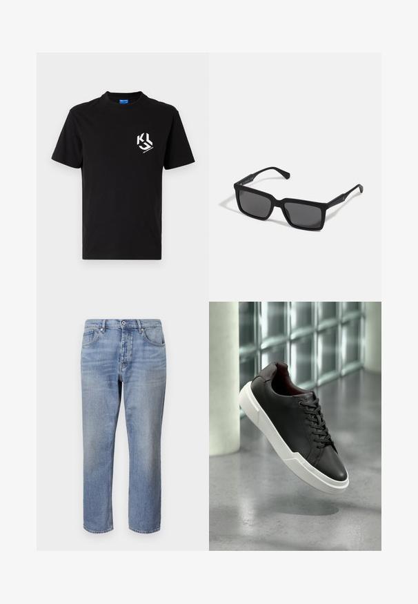 Schwarzes Baumwoll-T-Shirt mit einem weißen Grafikdesign auf der linken Brustseite. Rundhalsausschnitt, kurze Ärmel und klassischer Schnitt.; Helle blaue Jeans mit geradem Schnitt, fünf Taschen, sichtbaren Nähten und einem Knopfverschluss an der Taille.; Schwarzer Ledersneaker mit weißer, dicker Sohle und schwarzen Schnürsenkeln, schwebt über einem grauen Betonboden in der Nähe einer Glasbausteinwand.; Schwarze Sonnenbrille mit rechteckigen Gläsern, mattem Finish, dickem Rahmen und schlanken Bügeln mit dezentem Branding-Detail.