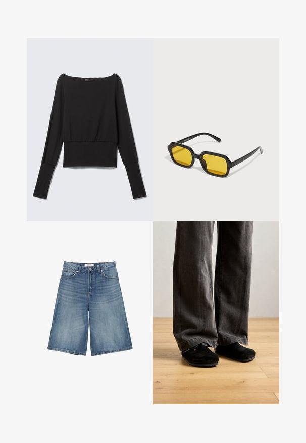 Haut noir ajusté à manches longues avec encolure bateau et poignets allongés, court à la taille, présenté sur un fond gris clair.; Shorts bleu denim longueur genou avec poches avant, passants pour ceinture et détails délavés en forme de moustaches sur fond blanc.; Une personne portant un pantalon gris foncé ample et des chaussures noires sans lacets se tient sur un sol en bois clair contre un mur uni.; Lunettes de soleil rectangulaires noires avec des verres jaunes. Les caractéristiques incluent des montures épaisses et un design anguleux avec une finition lisse et brillante.