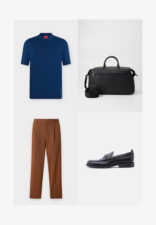 Mørkeblå kortærmet polo-shirt med krave og knaplukning, med en rød label indvendigt ved halsudskæringen.; Brune bukser med en glat, mat tekstur, der har en folder foran og lige ben. Lavet af letvægts, åndbart stof.; Sort lædermokasin med grå tekstureret forfod, sølvfarvet metalspænde, lav hæl og trækflap bagpå.; Sort læder duffel taske med to top hanke, en aftagelig skulderrem og en lynlåslomme foran til ekstra opbevaring.