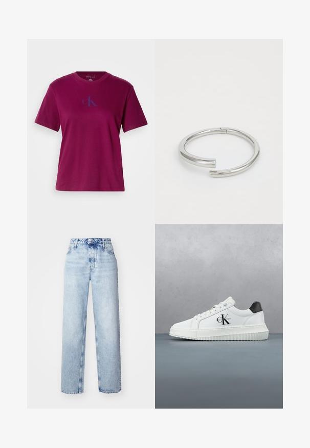 Magenta bomulds-t-shirt med rund hals, korte ærmer og et blåt logo på brystet. Har en afslappet pasform og en glat tekstur.; Lyseblå højtaljede jeans med løs pasform, der har lige ben, fem lommer og en klassisk knap- og lynlåslukning.; Hvide lavtoppede sneakers med sort hælkænke, platformssål, snørebånd og Calvin Klein "CK" logo på siden.; Calvin Klein SPIRAL - Armbånd - silver-coloured