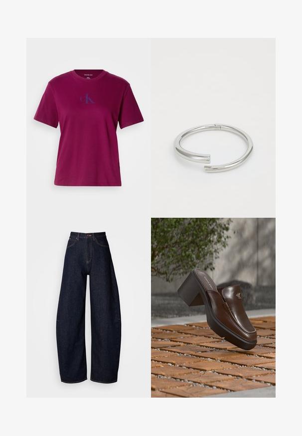Magenta Baumwoll-T-Shirt mit Rundhalsausschnitt, kurzen Ärmeln und einem blauen Logo auf der Brust. Hat eine lockere Passform und eine glatte Textur.; Dunkelblaue weitem Bein Jeans aus Denim, mit hoher Taille, geradem Schnitt, fünf Taschen und Kontrastnähten.; Braune Leder-Calvin Klein Absatzpantolette, die über einem Holzboden mit verschwommenem grünem Pflanzen- und Wandhintergrund schwebt.; Calvin Klein SPIRAL - Armband - silver-coloured