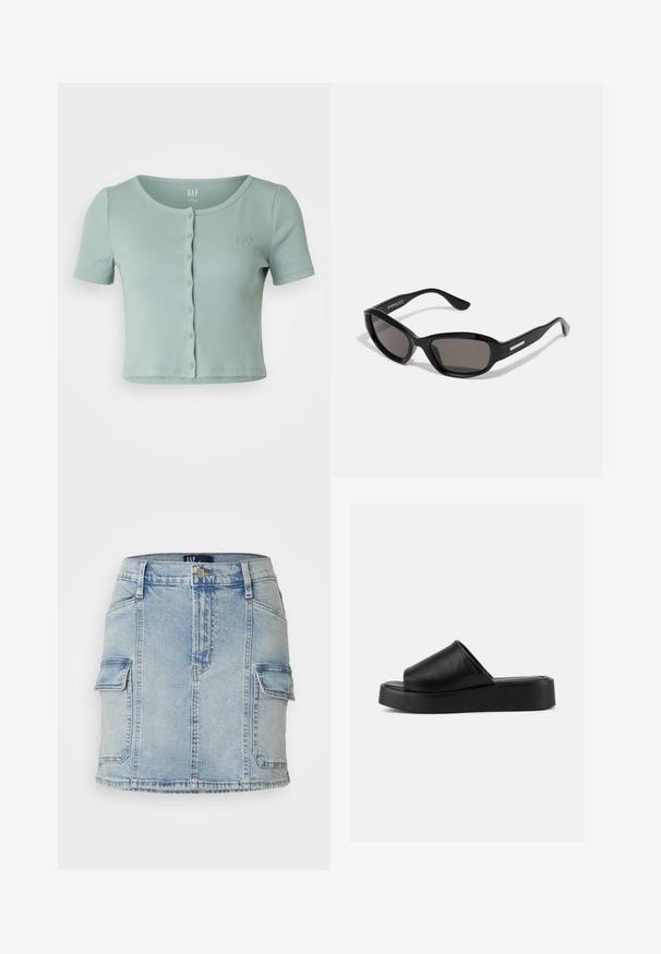 GAP CROPPED CREW - T-shirts print - sage; Lysblå denim-nederdel med to forreste cargo-lommer, knap- og lynlåslukning samt lige form. Slidestruktur over hele nederdelen.; Sort slip-on platform sandal med bredt læderoverdel og tyk sål, vist i sideprofil mod en ensartet grå baggrund.; Sorte solbriller med rektangulært stel, mørke linser, glat plastmateriale og en metalaccent på templet.