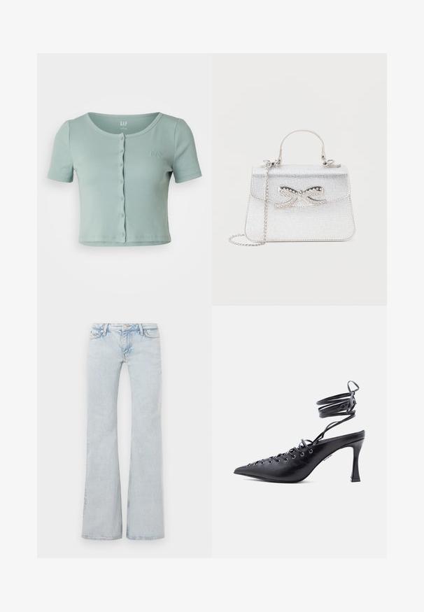GAP CROPPED CREW - T-shirt imprimé - sage; Jean flare bleu clair en denim. Doté d'une taille avec bouton en métal, d'un design à cinq poches et d'un délavage subtil sur l'ensemble.; Chaussure à talon haut noire à bout pointu avec brides enveloppantes autour de la cheville et plusieurs œillets sur le devant pour laçage.; Petit sac à main argenté avec une anse supérieure, une bandoulière chaîne et un nœud décoratif avec des strass sur le rabat avant.