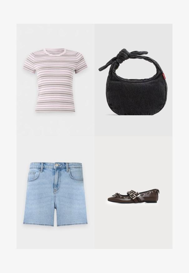 T-shirt ajusté manches courtes rose clair avec des rayures horizontales fines et épaisses marron, col rond, présenté sur un fond blanc uni.; Short en jean bleu clair avec bouton à l'avant, fermeture éclair, passants de ceinture et design cinq poches sur un fond uni.; Chaussure plate en cuir marron foncé avec bout pointu, doubles brides à boucles argentées, œillets métalliques et nœud décoratif à l'avant.; Petit sac d'épaule en denim noir avec une sangle nouée et une fermeture éclair, arborant une étiquette en tissu rouge Levi's sur le côté.