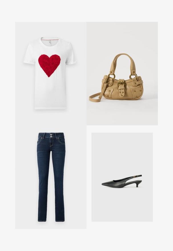 Wit katoenen T-shirt met een rood hart met textuur in het midden, voorzien van een ronde hals en korte mouwen.; Donkerblauwe skinny jeans met dubbele knoopsluiting, voorzakken en gele stiksel op een witte achtergrond.; Zwarte puntschoen met slingback van soepel leer. Kenmerkt zich door een dunne hak en een gespdetail op de verstelbare band.; Beige leren handtas met dubbele handvatten, messing gesps en klinknagel details, en een verstelbare schouderriem tegen een witte achtergrond.