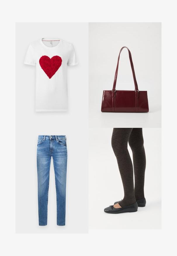 T-shirt en coton blanc présentant un motif cœur rouge texturé au centre, avec un col rond et des manches courtes.; Jeans en denim bleu clair avec une coupe slim. Les caractéristiques incluent une fermeture à bouton, cinq poches et une texture froissée au niveau des cuisses.; Jambes portant des leggings côtelés foncés associés à des ballerines noires avec de petits détails en nœud sur fond blanc.; Sac à main bordeaux en matériau brillant, de forme rectangulaire, avec deux anses et des accents légèrement courbés à l'avant.