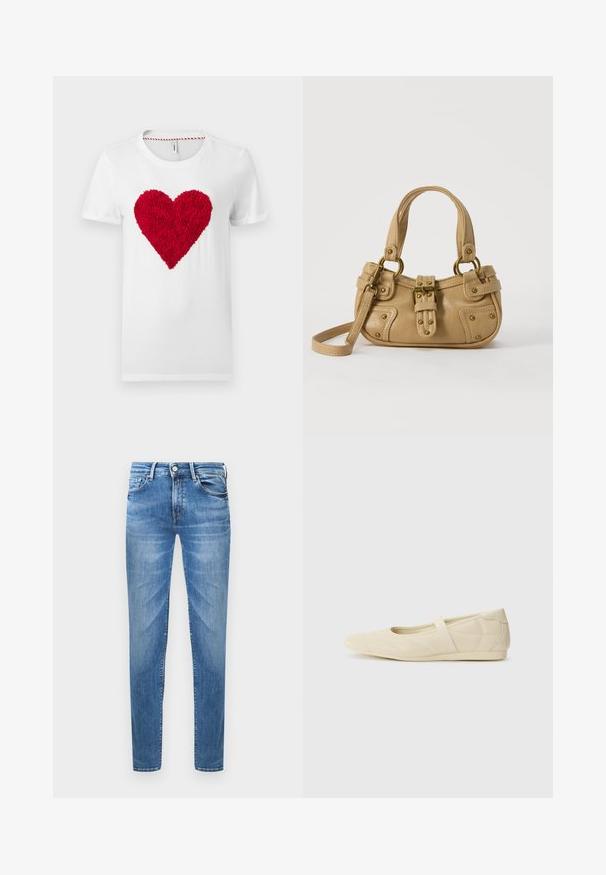 Wit katoenen T-shirt met een rood hart met textuur in het midden, voorzien van een ronde hals en korte mouwen.; Lichtblauwe denim jeans met een slim fit. Kenmerken zijn een knoopsluiting, vijf zakken en een gewassen textuur op de dijen.; Beige ballerina's met een gladde leren buitenkant, amandelvormige punt en elastische band over de wreef, met subtiele stiksels.; Beige leren handtas met dubbele handvatten, messing gesps en klinknagel details, en een verstelbare schouderriem tegen een witte achtergrond.