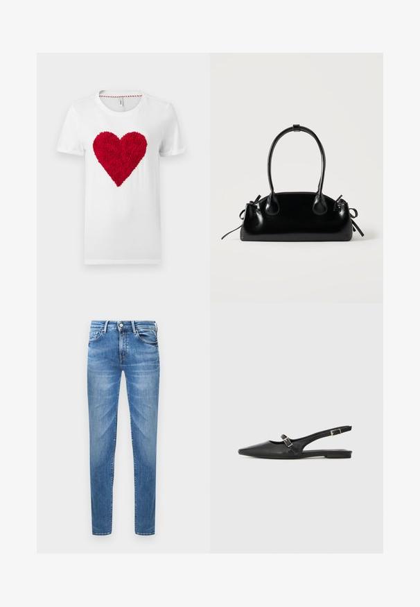 Hvid bomuld t-shirt med et tekstureret rødt hjerte i midten, med rund hals og korte ærmer.; Lyseblå denimjeans med slim fit. Funktioner inkluderer en knaplukning, fem lommer og en slidseffekt på lårene.; Sorte læder slingback-sko med spids tå, med en smal rem og en sølvspænde-detalje på siden. Flad sål.; Lille sort blank håndtaske med to lange håndtag og snøre-detaljer i siden på en ensfarvet lys baggrund.