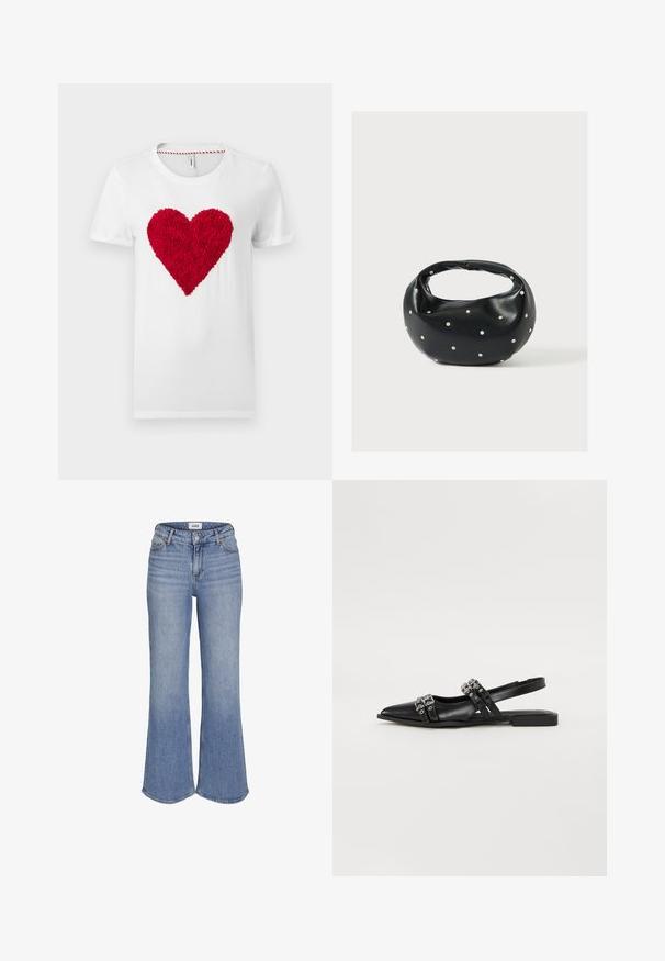 Wit katoenen T-shirt met een rood hart met textuur in het midden, voorzien van een ronde hals en korte mouwen.; Lichtblauwe spijkerbroek met hoge taille, uitlopende pijpen en knoopsluiting aan de voorkant.; Even&Odd Slingback ballerina´s - black; Zwarte leren handtas met een afgeronde vorm, versierd met zilveren studs, en een korte handgreep. Gladde textuur en ritsluiting.