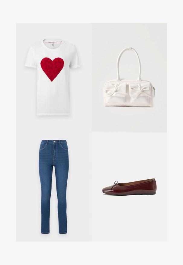 Hvid bomuld t-shirt med et tekstureret rødt hjerte i midten, med rund hals og korte ærmer.; Slanke jeans lavet af mørkeblå denim med høj talje, fem lommer og subtile syninger. Stoffet ser glat ud og er let strækbart.; Bordeaux patentlæder balletflad med rund tå, lille sløjfeaccent foran og en lav, sort gummisål. Glat tekstur.; Hvid syntetisk håndtaske med to forlommer, hver med en bundet sløjfedetalje. Glat tekstur, afrundede håndtag og lynlås lukning.