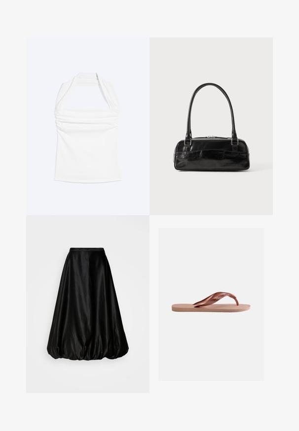 Top blanco de cuello halter con escote recto y fruncidos en el pecho, mostrado sobre un fondo liso y claro.; Falda midi de satén negro con forma volumétrica y de globo. Textura suave y cintura ajustada, diseñada para una silueta fluida.; Chancla de goma rosa única con plantilla texturizada y correa ancha en forma de Y sobre fondo blanco liso.; Bolso de mano de cuero negro con forma rectangular, equipado con un asa estructurada, herrajes en plata y cierre de cremallera. Textura suave.