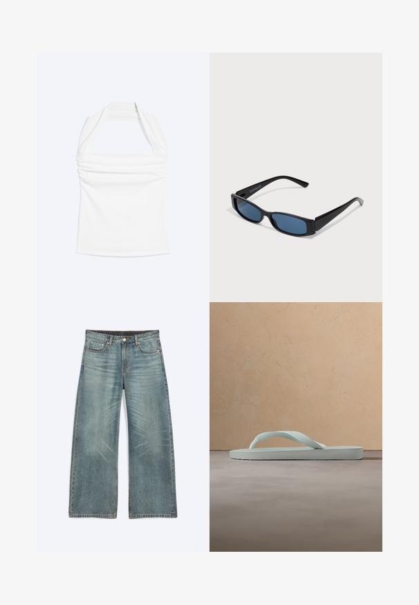 Top blanco de cuello halter con escote recto y fruncidos en el pecho, mostrado sobre un fondo liso y claro.; Vaqueros de mezclilla azules de pierna ancha con bolsillos delanteros, trabillas para cinturón, cierre de botón y detalles sutiles de desgaste en los muslos y las rodillas.; Sandalia tipo chancla de goma beige claro con plantilla texturizada y correa en forma de Y sobre un fondo gris liso.; Gafas de sol negras con una elegante montura rectangular y lentes azules. Presentan una textura suave y varillas resistentes. Logo de la marca en el costado.