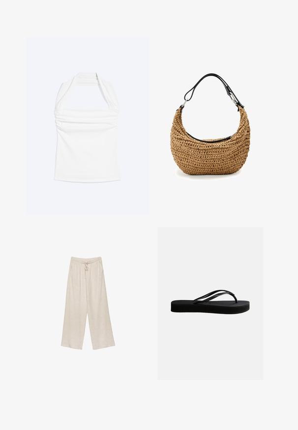 Hvid halterneck-top med lige halsudskæring og rynkede detaljer langs brystet, vist mod en ensfarvet lys baggrund.; Beige linned bukser med vide ben, der har en snøre i taljen, to sidelommer og et let struktureret stof for åndbarhed og komfort.; Sort gummiflipflop med tekstureret sål og Y-formet rem, vist i sideprofil mod en ensartet lys baggrund.; Vævet stråtaske i beige med en buet silhuet, med en sort læderrem og sølvfarvede hardware-detaljer. Tekstureret finish.