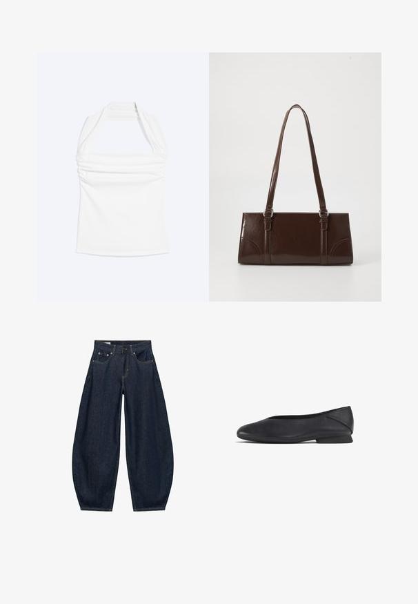 Witte haltertop met een rechte halslijn en geplooide details bij de borst, getoond tegen een effen lichte achtergrond.; Donkerblauwe denim jeans met wijde pijpen, voorzakken, riemlussen en een knoopsluiting in de taille.; Zwarte leren platte schoen met ronde teen en lage hak, ontworpen voor casual of formele gelegenheden.; Bruine lakleren handtas met een rechthoekige vorm, twee lange handvatten en subtiele gebogen accenten aan de voorkant.