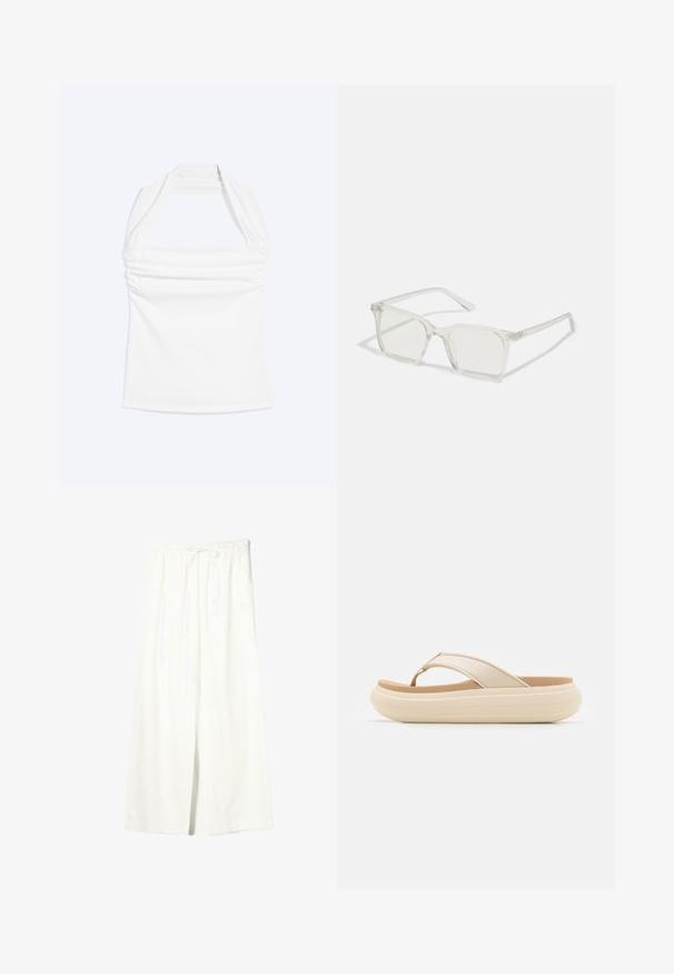 Haut blanc à col licou avec encolure droite et détails froncés sur la poitrine, présenté sur un fond uni clair.; Pantalon en lin blanc à jambes larges avec taille élastique et cordon de serrage, doté de poches latérales et d'une fente à l'avant.; Sandale à lanières beige avec une large bride pour les orteils et une semelle épaisse et arrondie. Dispose d'un matériau supérieur lisse et d'un semelle intérieure brun contrastant.; Lunettes carrées en plastique transparent avec des verres translucides, dotées d'accents dorés sur les branches pour plus de détails.