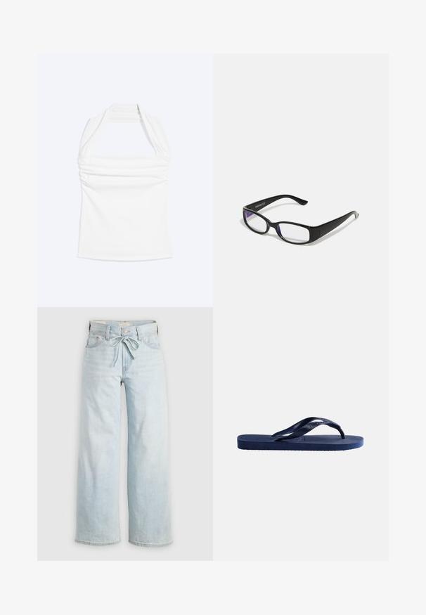 Weißes Neckholder-Top mit geradem Ausschnitt und Raffung an der Brust, vor einem schlichten, hellen Hintergrund gezeigt.; Helleblaue, weit geschnittene Jeans mit einer Bindeschlaufe, klassischem Fünf-Taschen-Design und subtilen Auswaschungen an den Beinen. Aus Denim-Material.; Dunkelblaue Gummi-Zehensandale mit strukturierter Sohle und Y-förmigem Riemen auf schlichtem hellem Hintergrund.; Schwarze rechteckige Brille mit klaren Gläsern. Glänzende Oberfläche, schmale Bügel und lila Tönung an den Rändern der Gläser sichtbar.
