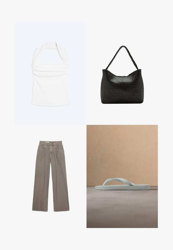 Hvid halterneck-top med lige halsudskæring og rynkede detaljer langs brystet, vist mod en ensfarvet lys baggrund.; Grå viddebenede bukser i denim med høj talje, forreste knap og lynlås, forlommer og bæltestropper, lagt fladt på en hvid baggrund.; Enkel lysebeige gummiflipflop med tekstureret fodseng og Y-formet rem mod en ensfarvet grå baggrund.; Sort skuldertaske i vævet læder med et enkelt flettet håndtag og en blød, afrundet rektangulær form.