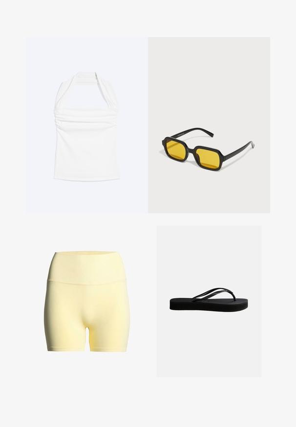 Haut blanc à col licou avec encolure droite et détails froncés sur la poitrine, présenté sur un fond uni clair.; Shorts en tissu jaune avec une taille côtelée, présentant une texture lisse et un design de longueur intermédiaire, adaptés pour le sport ou les tenues décontractées.; Tongs en caoutchouc noir avec semelle texturée et bride en forme de Y, vues de côté sur un fond clair uni.; Lunettes de soleil rectangulaires noires avec des verres jaunes. Les caractéristiques incluent des montures épaisses et un design anguleux avec une finition lisse et brillante.
