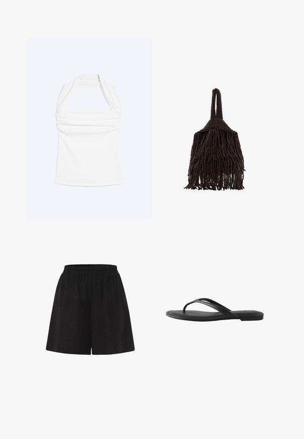 Weißes Neckholder-Top mit geradem Ausschnitt und Raffung an der Brust, vor einem schlichten, hellen Hintergrund gezeigt.; Schwarze Baumwollshorts mit elastischem Bund, im lässigen Schnitt und gerader Beinform. Glatte Textur ohne zusätzliche Muster oder Akzente.; Schwarze flache Flip-Flop-Sandale mit dünnen Riemen und minimalem Absatz auf weißem Hintergrund.; Kleine dunkelbraune Handtasche, bedeckt mit dichten Perlensträngen, mit einem geschlungenen Griff und einem fransigen, strukturierten Design.