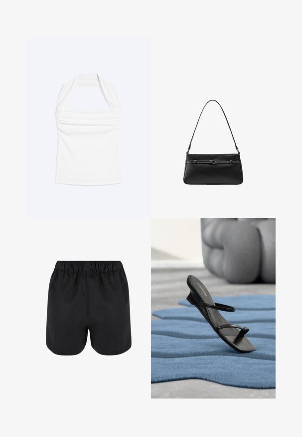 Haut blanc à col licou avec encolure droite et détails froncés sur la poitrine, présenté sur un fond uni clair.; Shorts noirs avec une taille élastique. Tissu doux, design simple et ourlet légèrement arrondi en bas. Pas de motifs ou de logos visibles.; Sandale noire à brides avec boucle d’orteil exposée sur un tapis texturé bleu, avec un grand objet décoratif gris flouté en arrière-plan.; Sac à bandoulière en cuir noir avec une fine sangle réglable et un détail ceinture décoratif à l’avant.