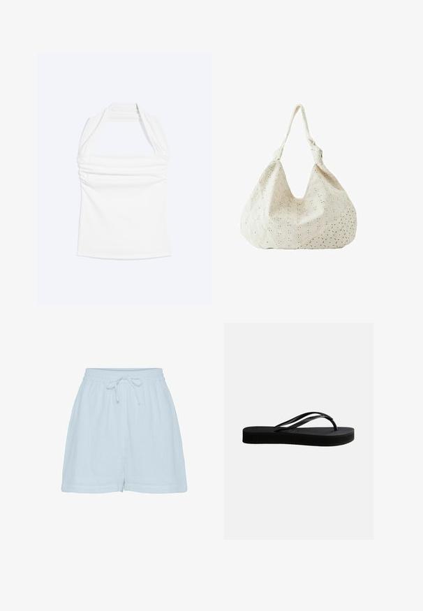 Haut blanc à col licou avec encolure droite et détails froncés sur la poitrine, présenté sur un fond uni clair.; Shorts en coton bleu clair avec une coupe décontractée, une taille élastique et un cordon de serrage réglable. Fabriqués dans un tissu doux et texturé, avec des coutures latérales.; Tongs en caoutchouc noir avec semelle texturée et bride en forme de Y, vues de côté sur un fond clair uni.; Sac à épaule en tissu couleur crème avec broderie florale à œillets et une seule bandoulière souple.