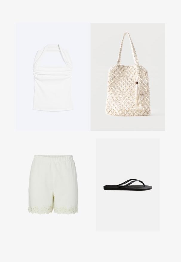 Haut blanc à col licou avec encolure droite et détails froncés sur la poitrine, présenté sur un fond uni clair.; Shorts blancs à taille élastique avec ourlet festonné et détail de broderie florale ajourée le long des bords inférieurs.; Sandale tong en caoutchouc noir avec semelle texturée et fines brides en Y sur un fond blanc uni.; Sac fourre-tout en coton blanc tissé avec des poignées tressées et un pompon suspendu orné d'un détail en perle de bois.