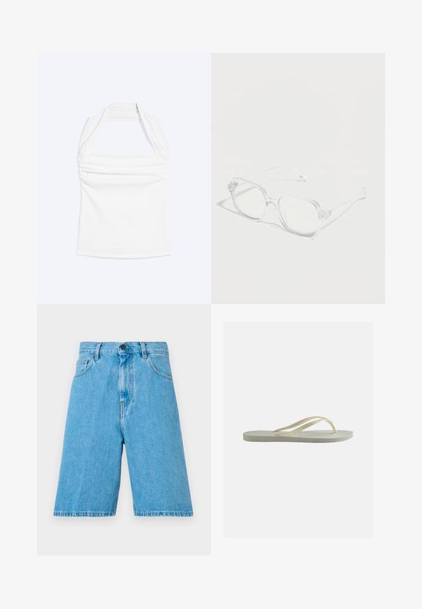 Weißes Neckholder-Top mit geradem Ausschnitt und Raffung an der Brust, vor einem schlichten, hellen Hintergrund gezeigt.; Hellblaue Jeansshorts mit lockerer Passform, ausgestattet mit Gürtelschlaufen, einem Knopfverschluss und vorderen Taschen. Der Stoff hat eine glatte Textur.; Einzelner off-white Gummi-Zehentrenner mit dünnen Riemen und strukturiertem Fußbett, von der Seite auf einem einfarbigen Hintergrund gezeigt.; Transparente rechteckige Brille mit klaren Fassungen und Bügeln, auf einer weißen Oberfläche mit weichen Schatten platziert.