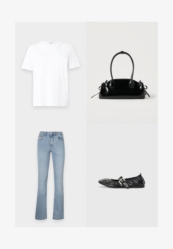 Hvid bomulds t-shirt med rund hals og korte ærmer, prydet med spredte sorte prikker for ekstra tekstur og detalje.; Lyseblå denim flared jeans med høj talje, der har lynlås- og knaplukning, fem lommer og diskret falmning langs benene.; Sorte læder flade sko med spids tå, samling detaljer omkring åbningen, og en sølv spænde accent på den justerbare rem.; Lille sort blank håndtaske med to lange håndtag og snøre-detaljer i siden på en ensfarvet lys baggrund.